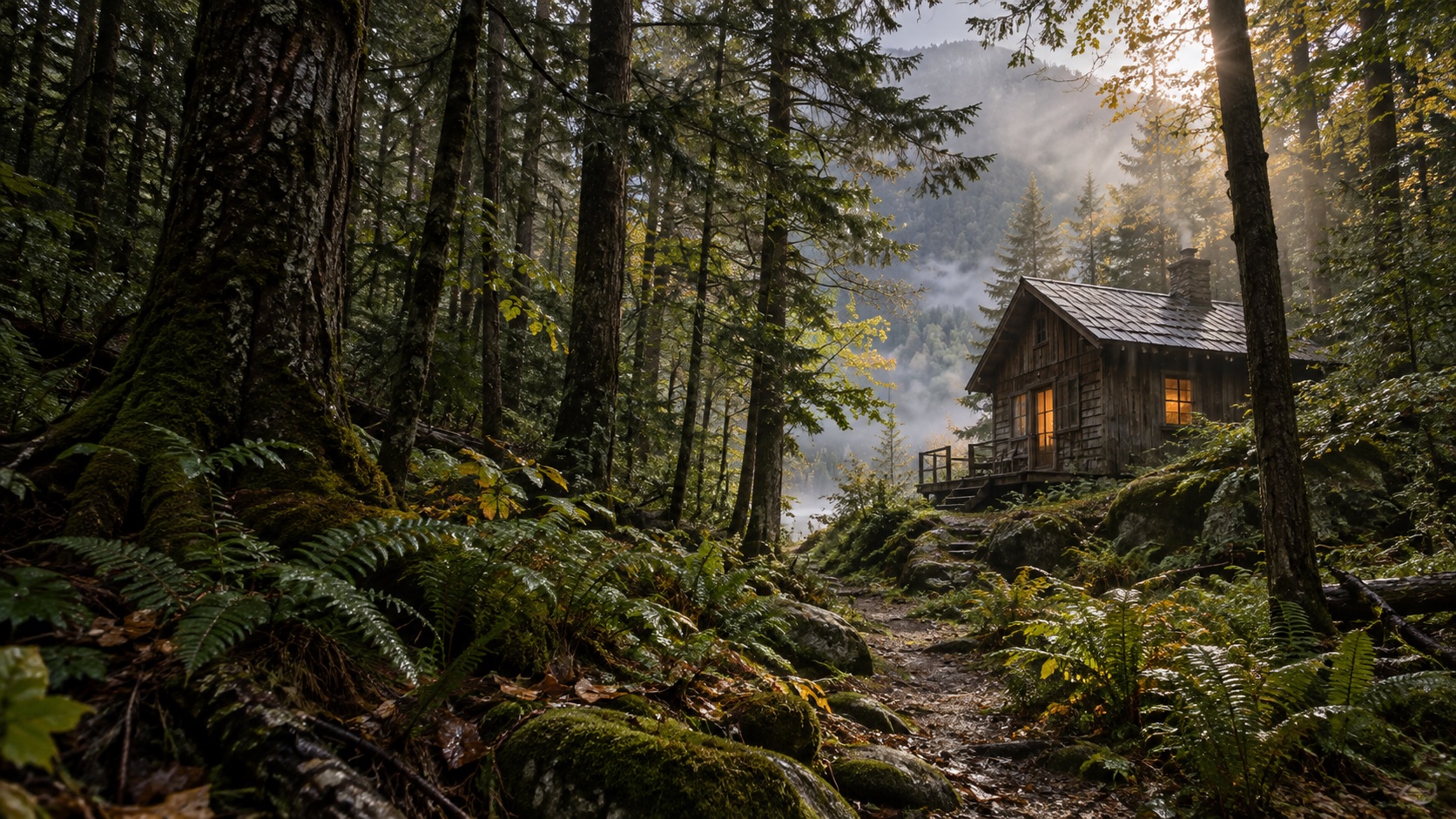 A secluded timber cabin beyond a fern-lined woodland trail at dawn